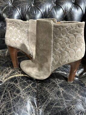 Coach Women's Taupe Suede Ankle Boots with Signature Pattern